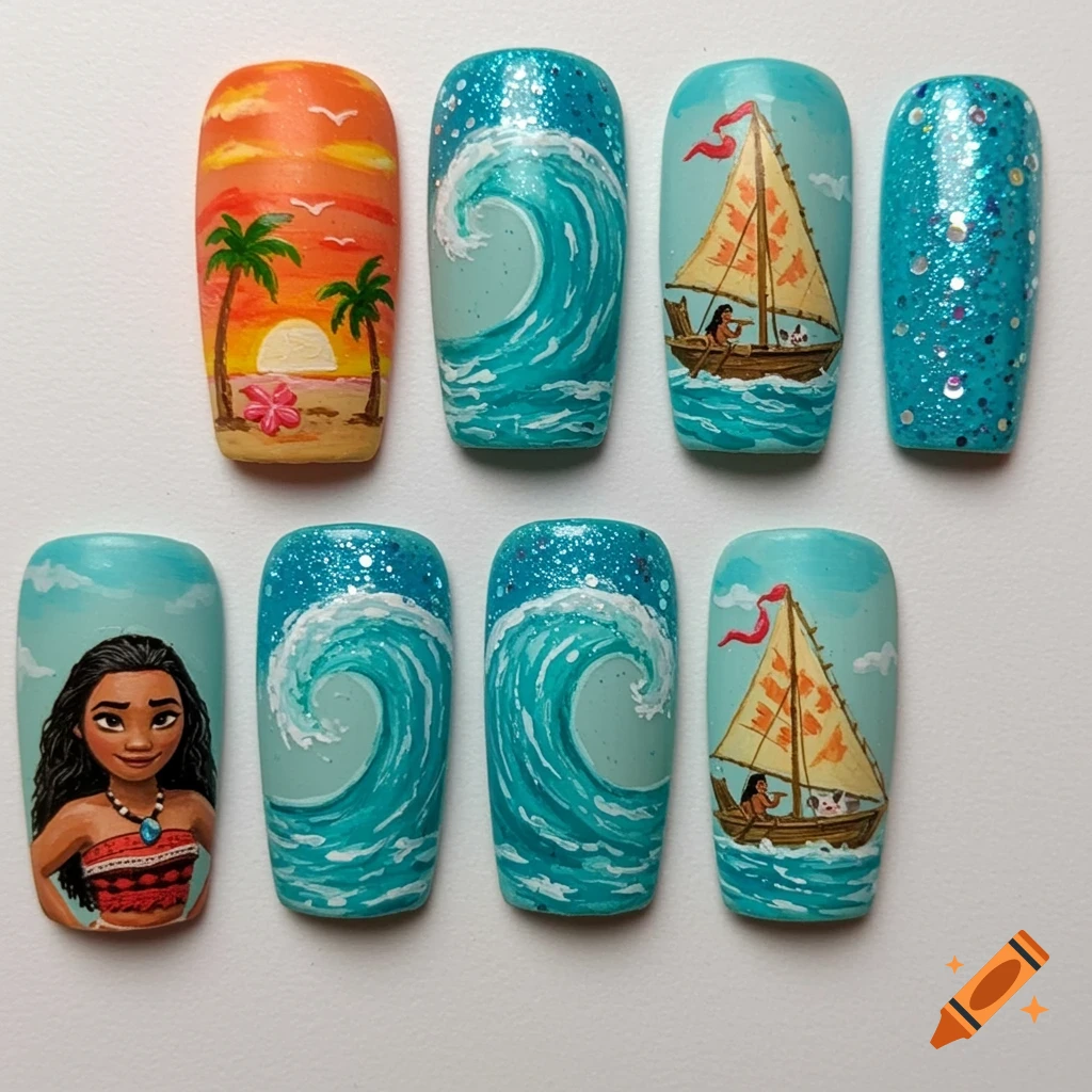 Close-up of painted press-on nails featuring Moana themes: sunset, waves, sailboat with characters, and glitter.