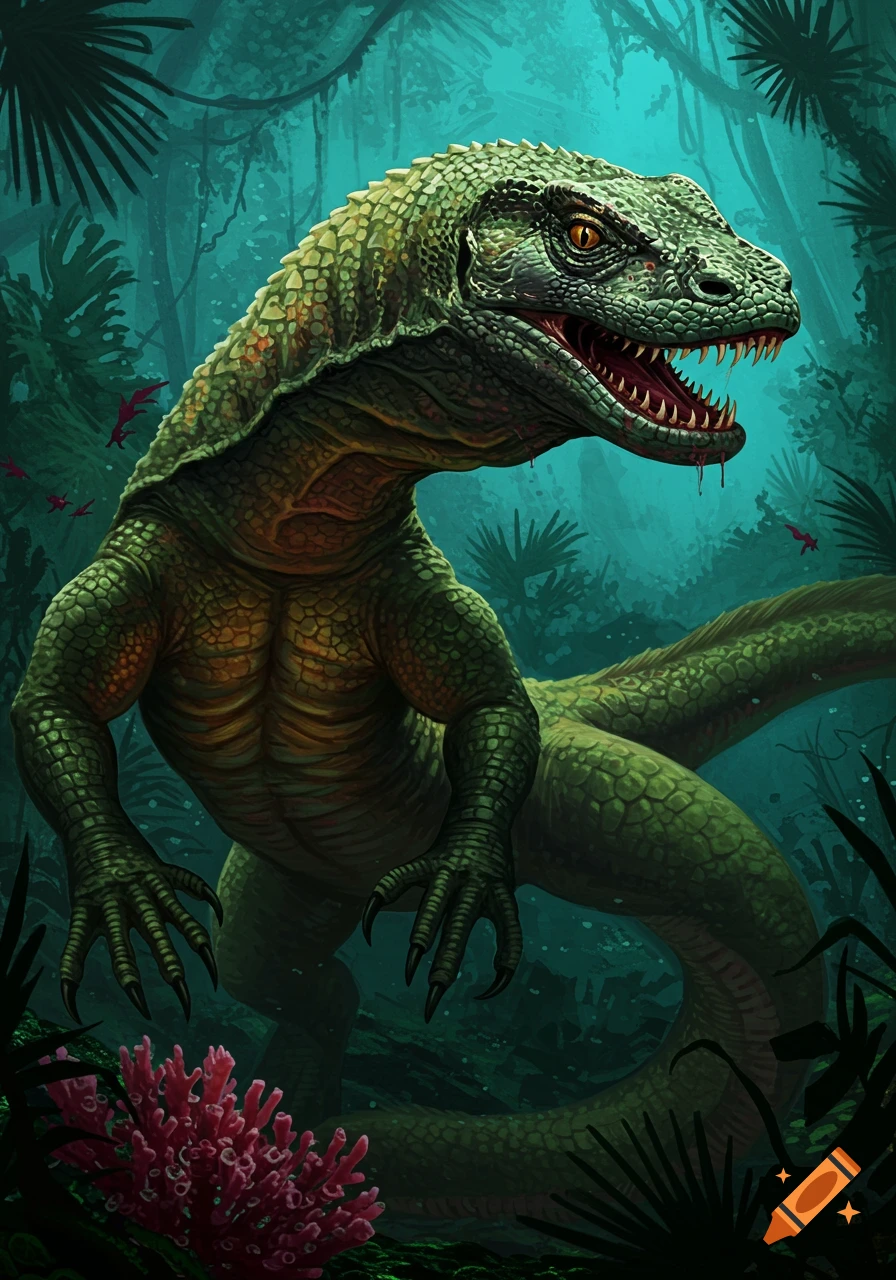 A fierce hybrid dinosaur-like creature in a dark jungle setting.