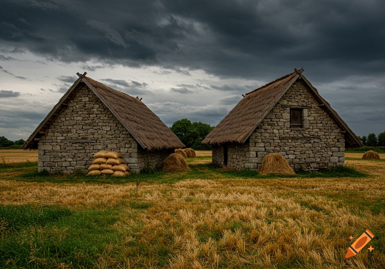 Two stone barns with thatched roofs stand in a field with hay bales and sacks under a stormy sky.
