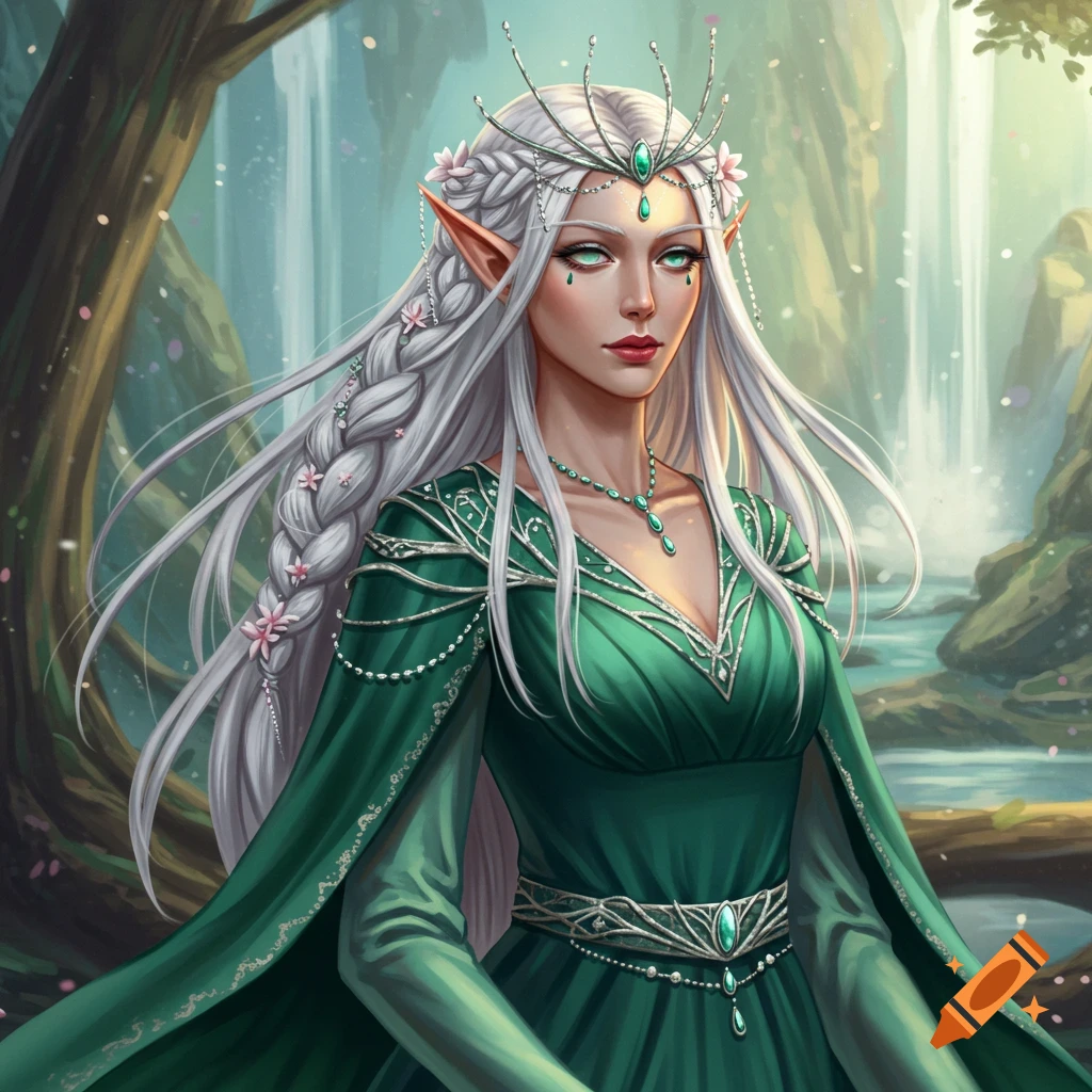 An elven queen with white hair and a green dress stands by a waterfall in a forest.