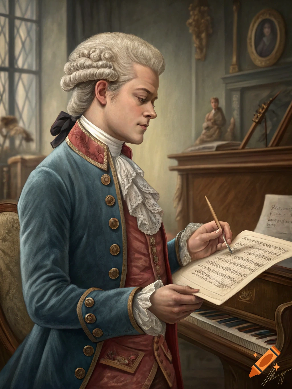 Painting of a man in historical clothing with a powdered wig writing music at a desk near a piano.
