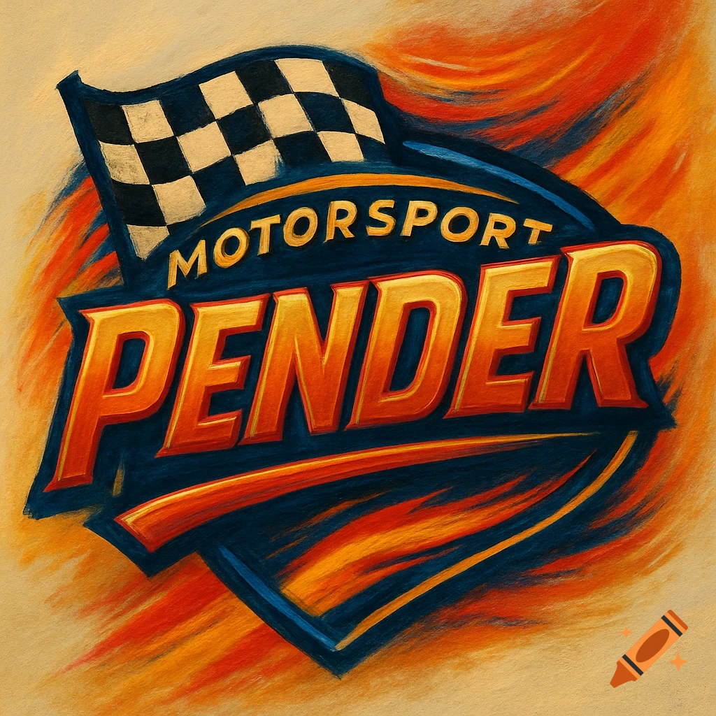 A vibrant motorsport logo featuring a checkered flag, blue background, and text 'MOTORSPORT PENDER' in orange and gold.