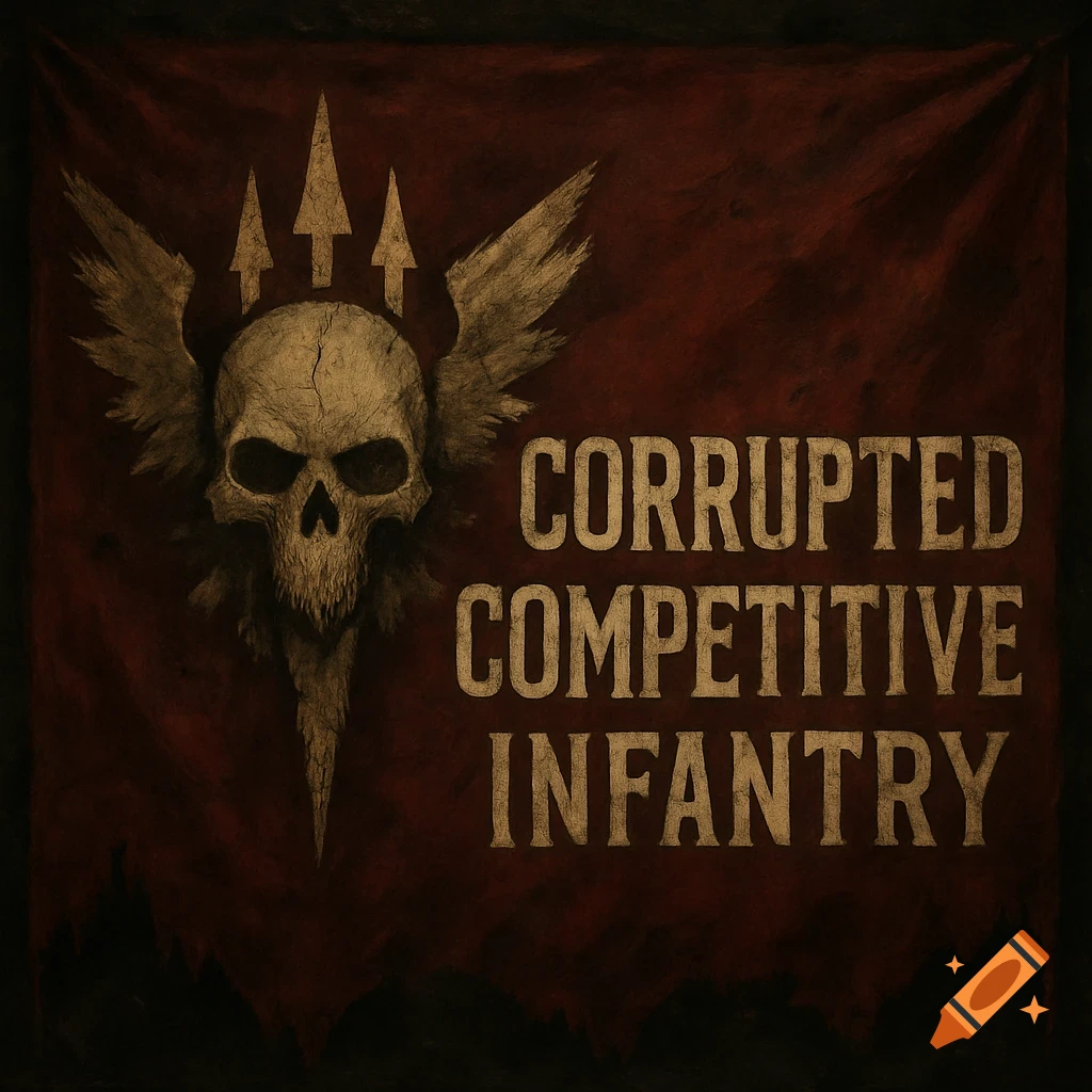 A dark red banner with a skull, wings, arrows, and the text 'CORRUPTED COMPETITIVE INFANTRY'.