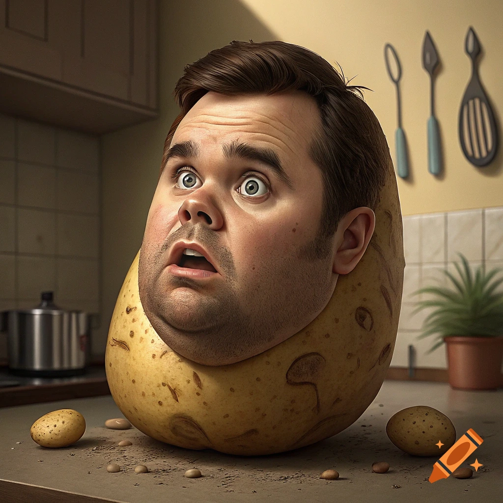 A surprised man's head is attached to a large potato body on a kitchen counter