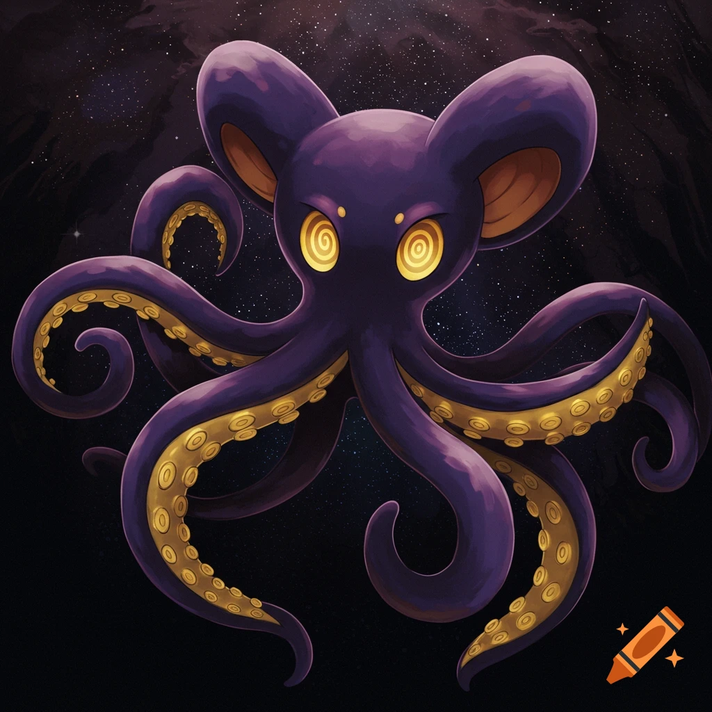 A purple octopus creature with yellow eyes and gold tentacles floats in space.