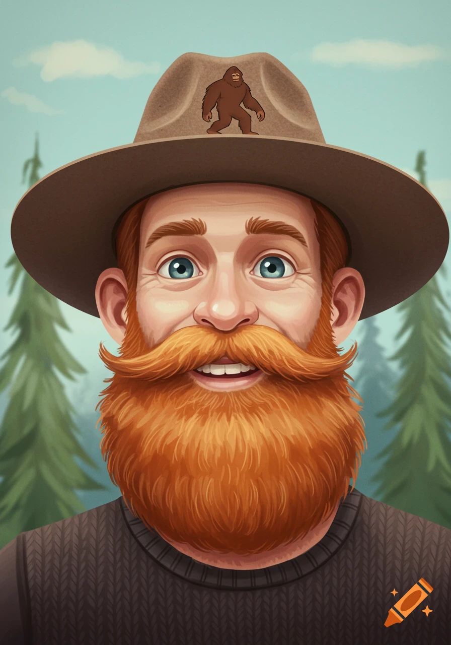 Smiling man with ginger beard wearing a hat with a Bigfoot symbol.