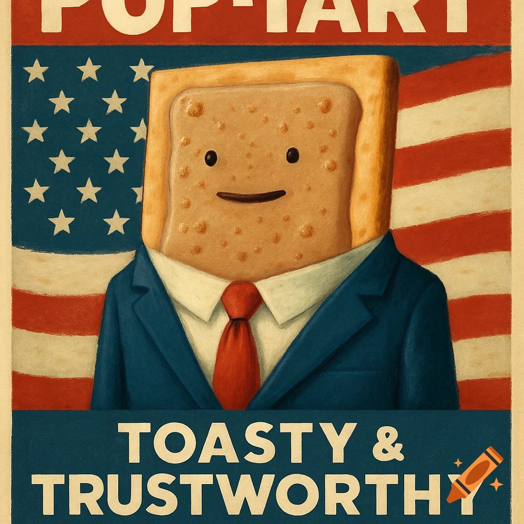 A Pop-Tart character in a suit on a presidential campaign poster with text.