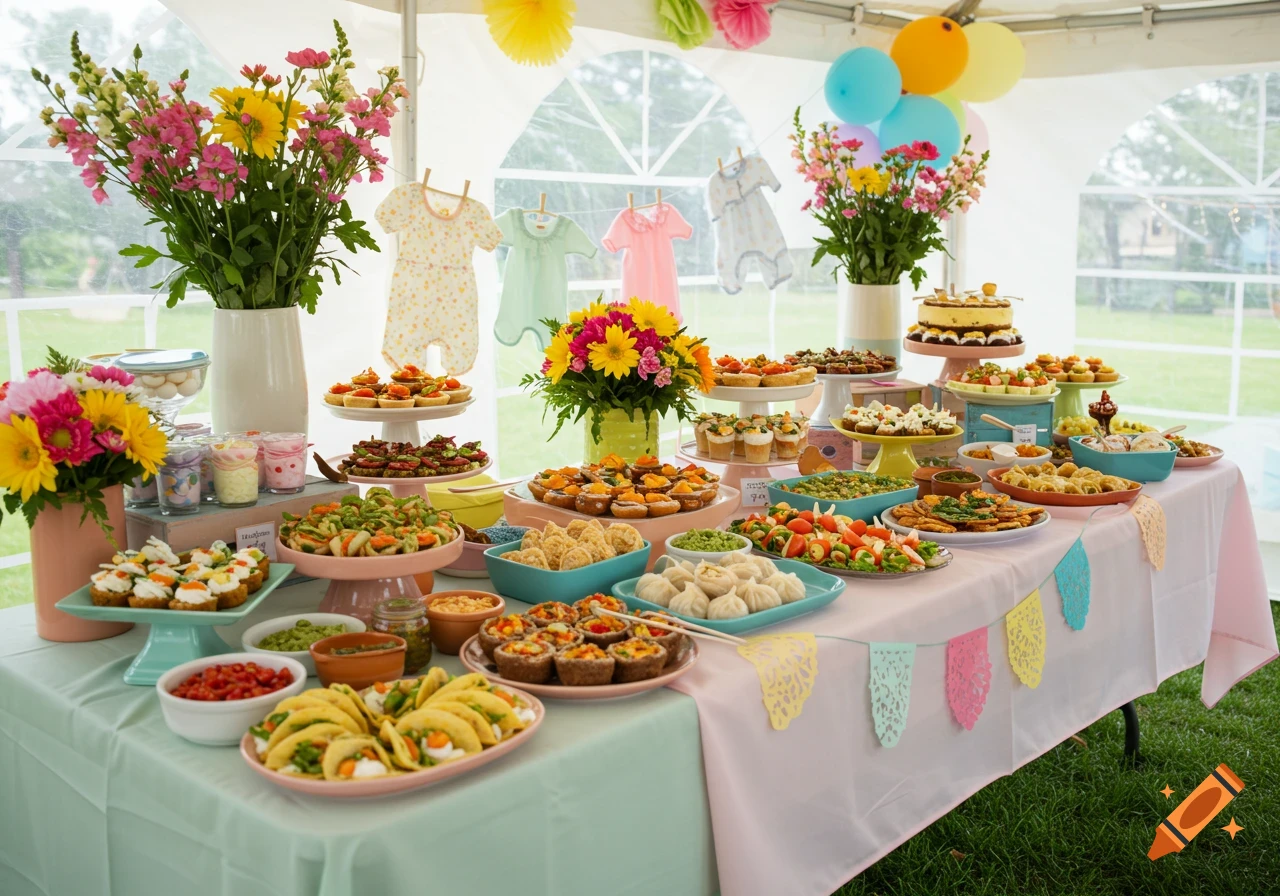 Colorful buffet table at a baby shower outdoors with food, flowers, and baby clothes decorations.