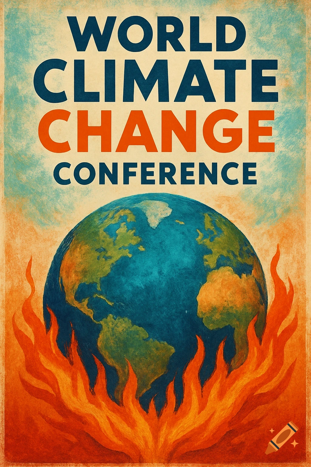 Poster for the World Climate Change Conference, showing Earth engulfed in flames.