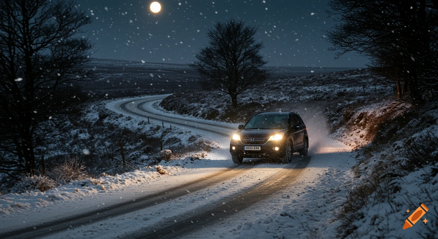 A black Honda CRV drives on a winding, snow-covered road at night under a full moon during a snowfall. Photorealistic.