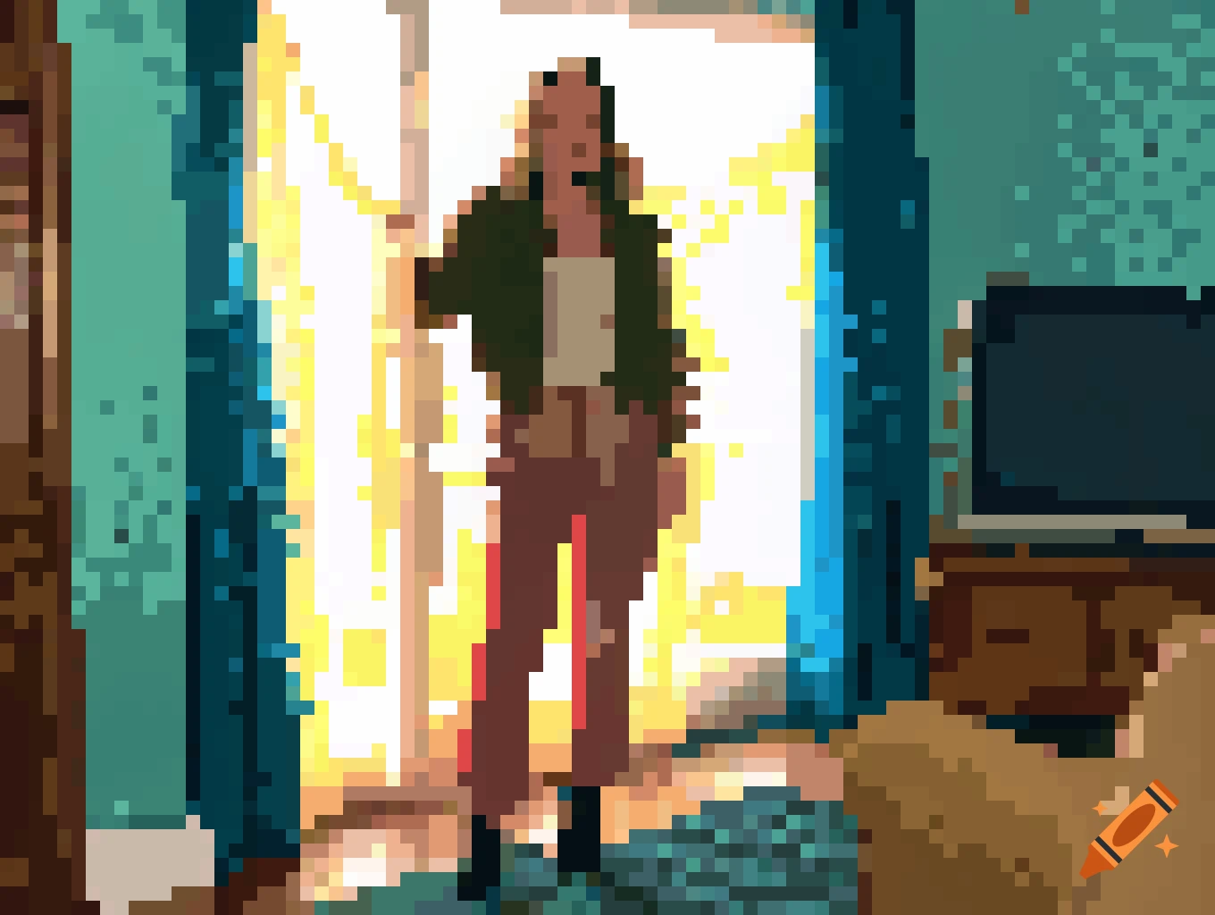 An 8-bit pixel art depiction of a woman posing in a living room.