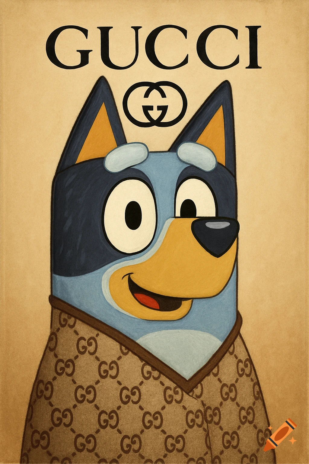 Illustration of Bluey wearing Gucci branding, with text GUCCI above.
