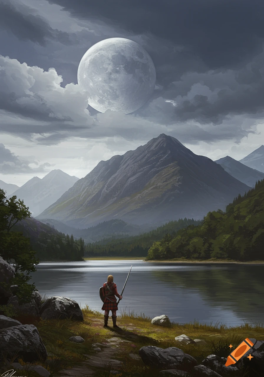 A Scottish soldier by a lake gazing at mountains and a huge moon under cloudy skies.