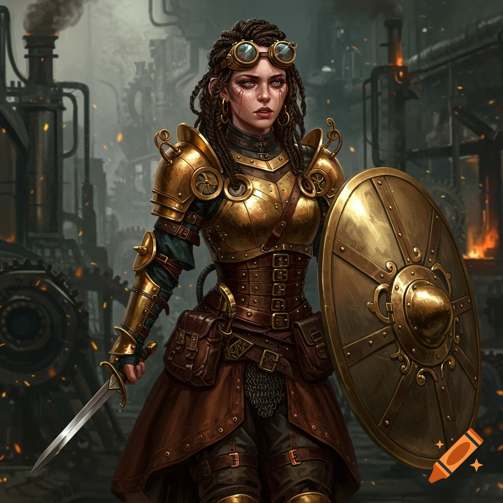 A steampunk shield maiden with sword and shield in an industrial setting.