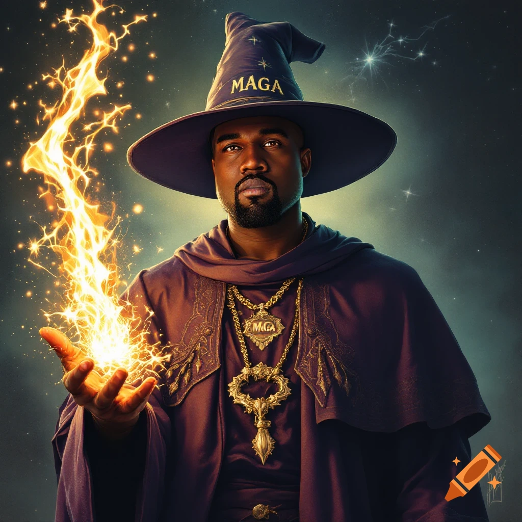 Kanye West dressed as a wizard holding fire, with a MAGA hat and pendant.