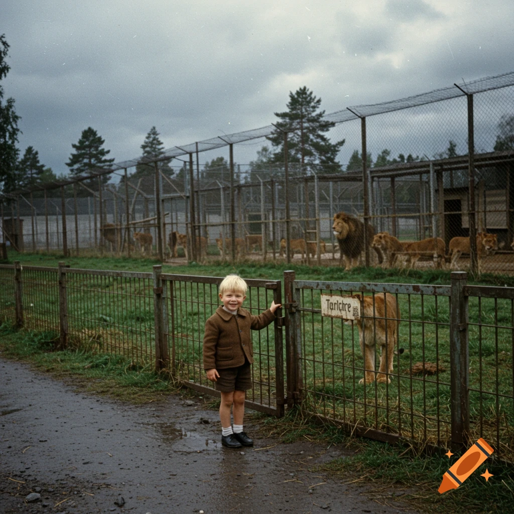 Vintage photo of a young boy standing outside a zoo lion enclosure on an overcast day.