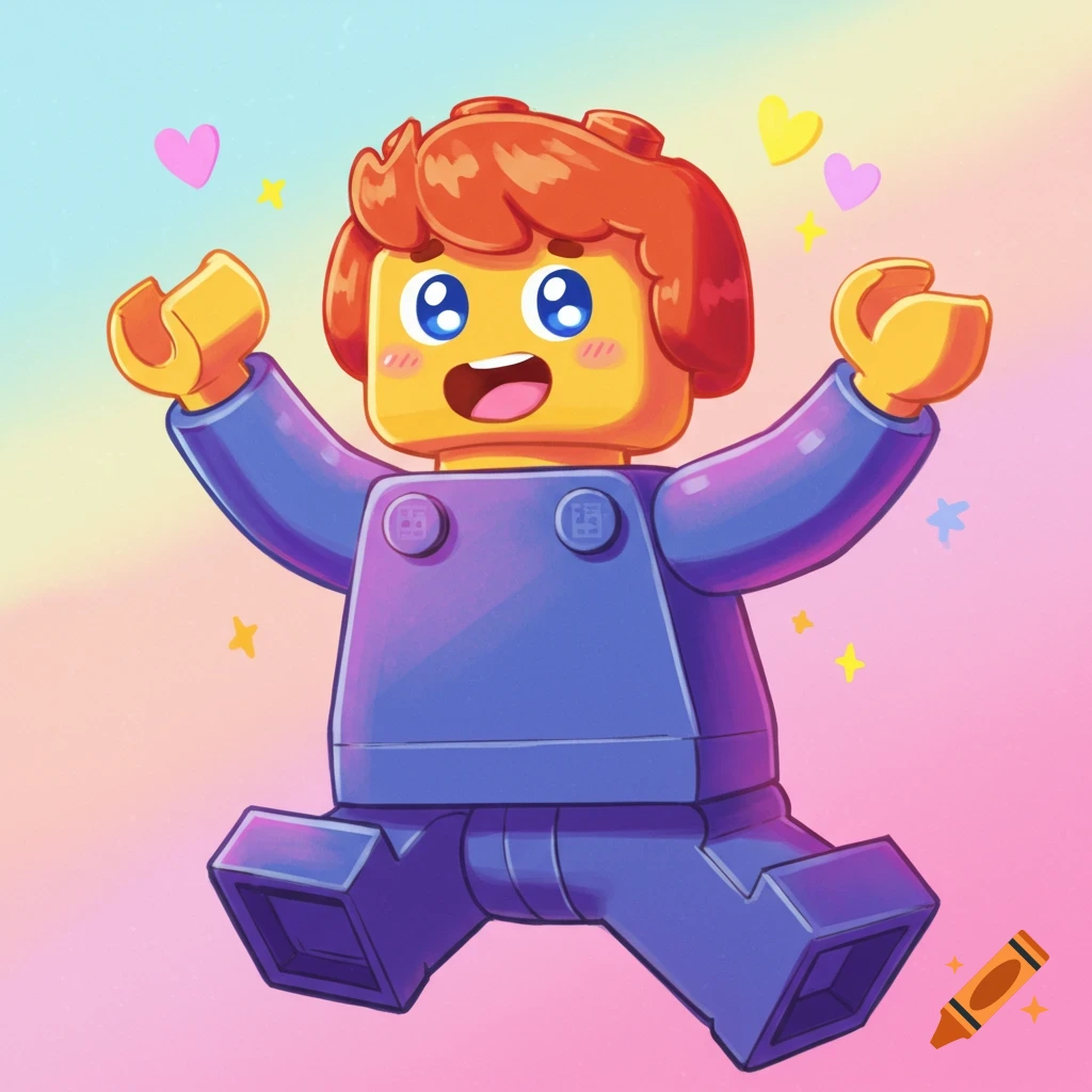 A cute Lego character jumps excitedly with hearts and stars on a rainbow background.