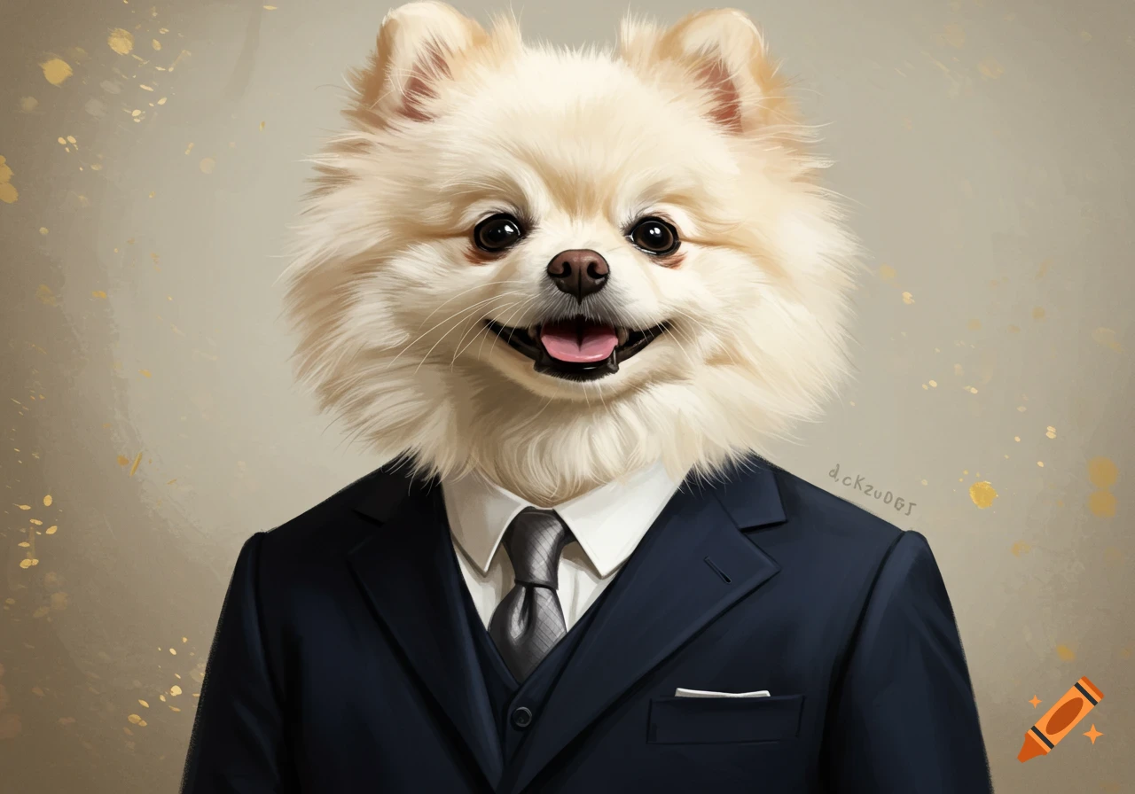 Image of a fluffy cream Pomeranian dog wearing a dark suit and tie.