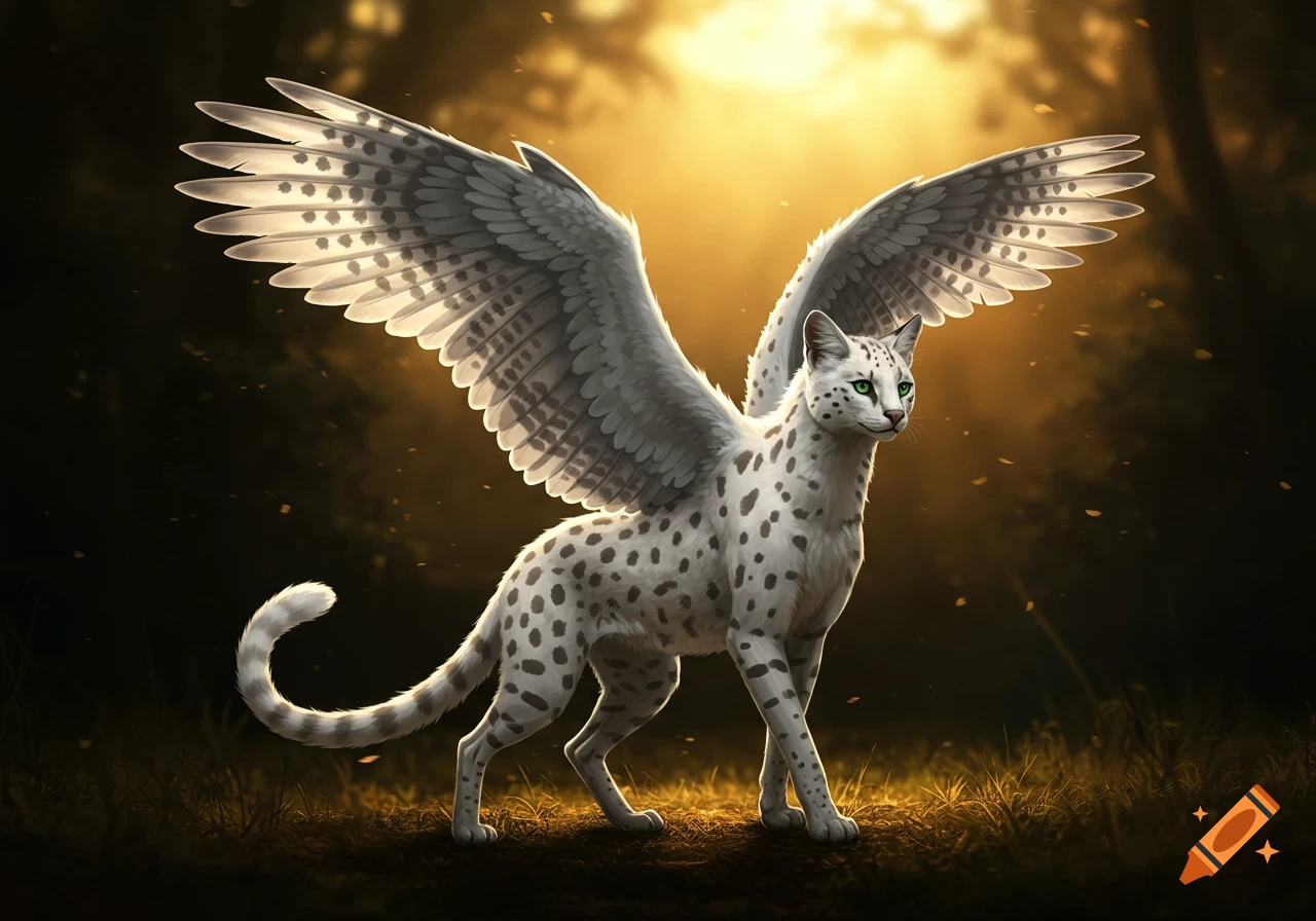 A white spotted winged feline creature stands in a sunlit forest clearing.