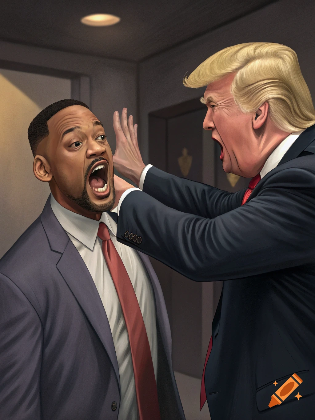 Illustration of Will Smith recoiling in shock as Donald Trump slaps him across the face.