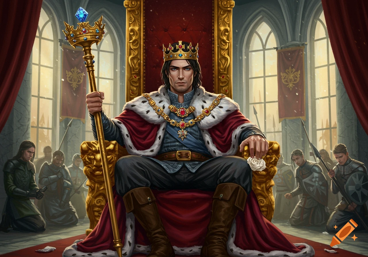 A king on a golden throne, holding a scepter and rose, with kneeling subjects