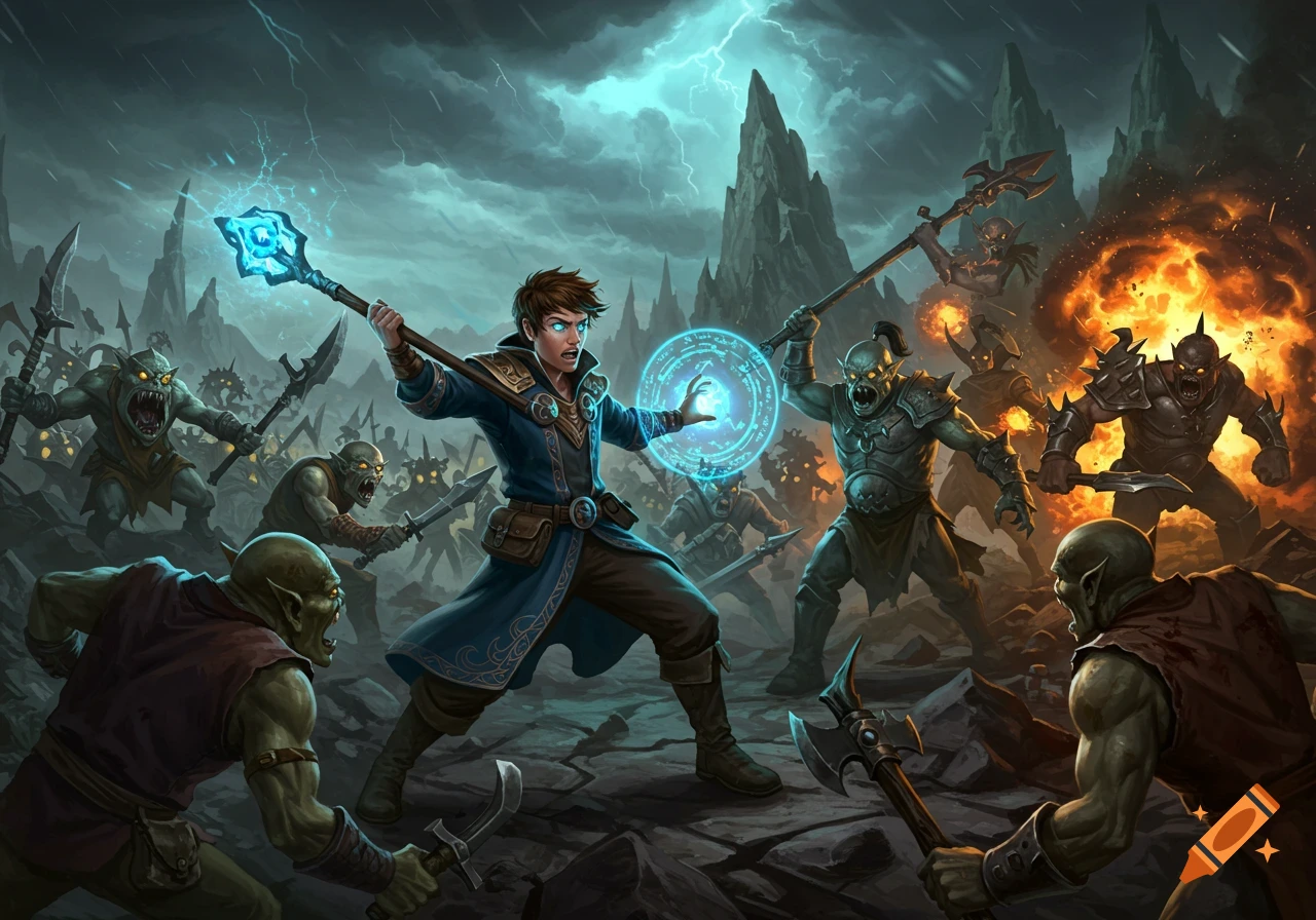 A young wizard battles goblins in a stormy fantasy landscape.