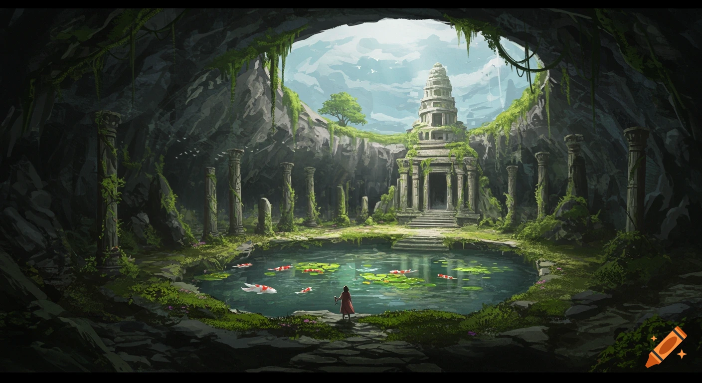 A figure stands by a pond filled with koi fish inside a large cave opening, featuring ancient ruins and overgrown pillars.