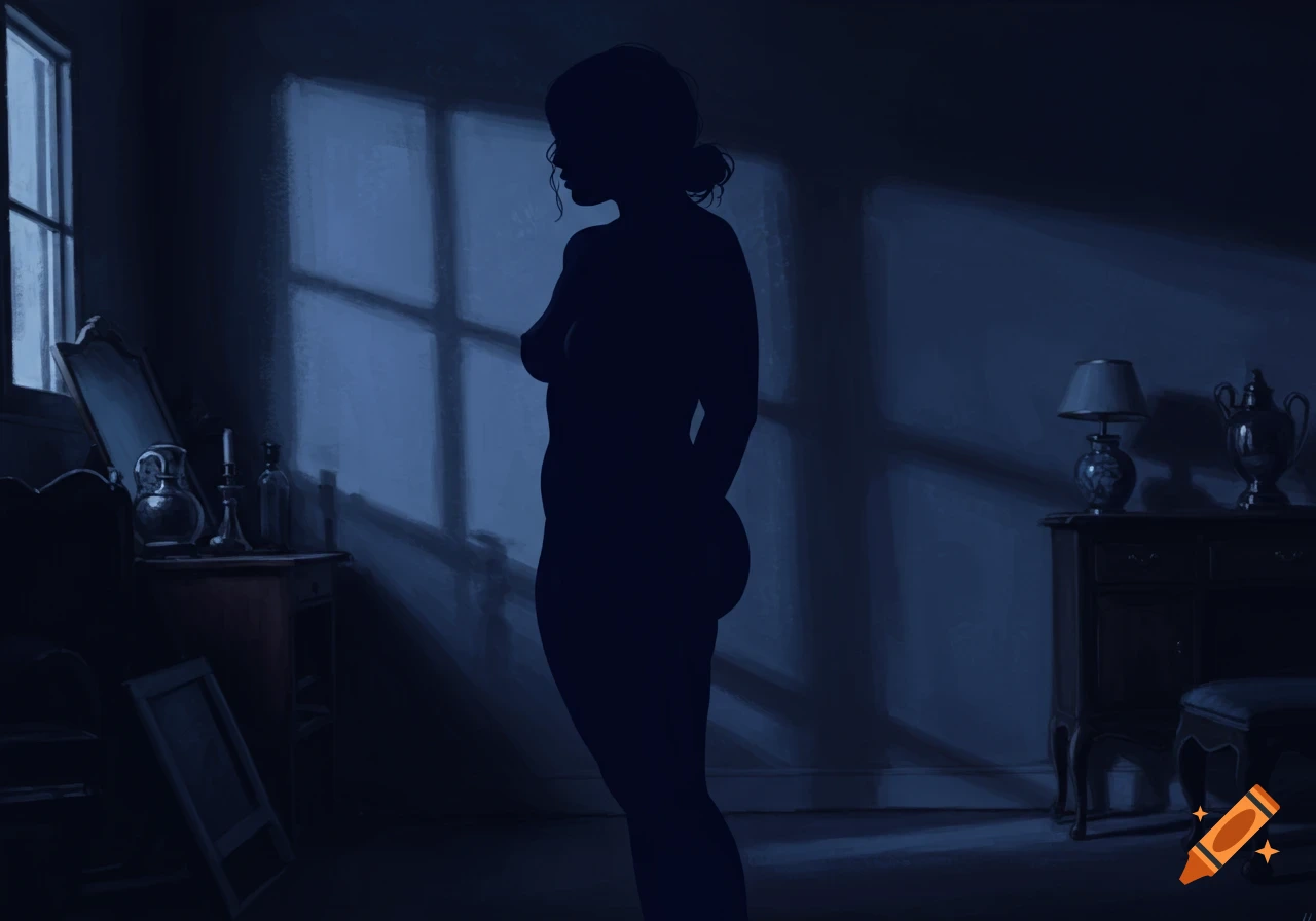 Silhouette of a curvy woman in a dimly lit room with window shadows.