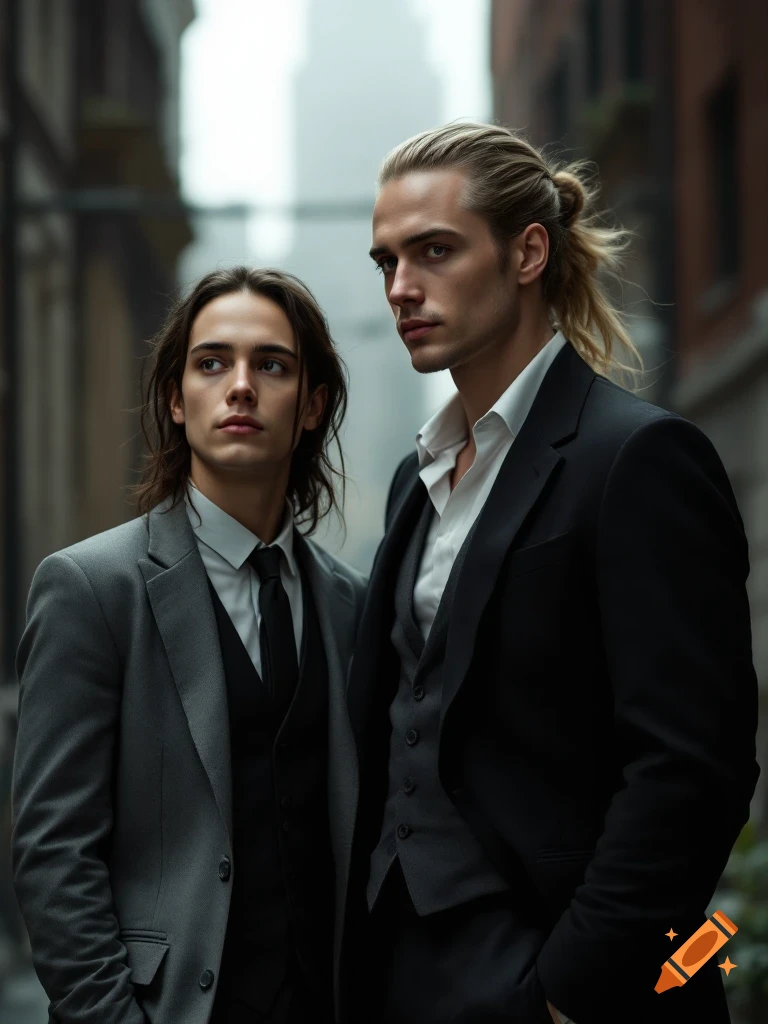 Two men in dark suits stand on an urban street looking away, photorealistic style.