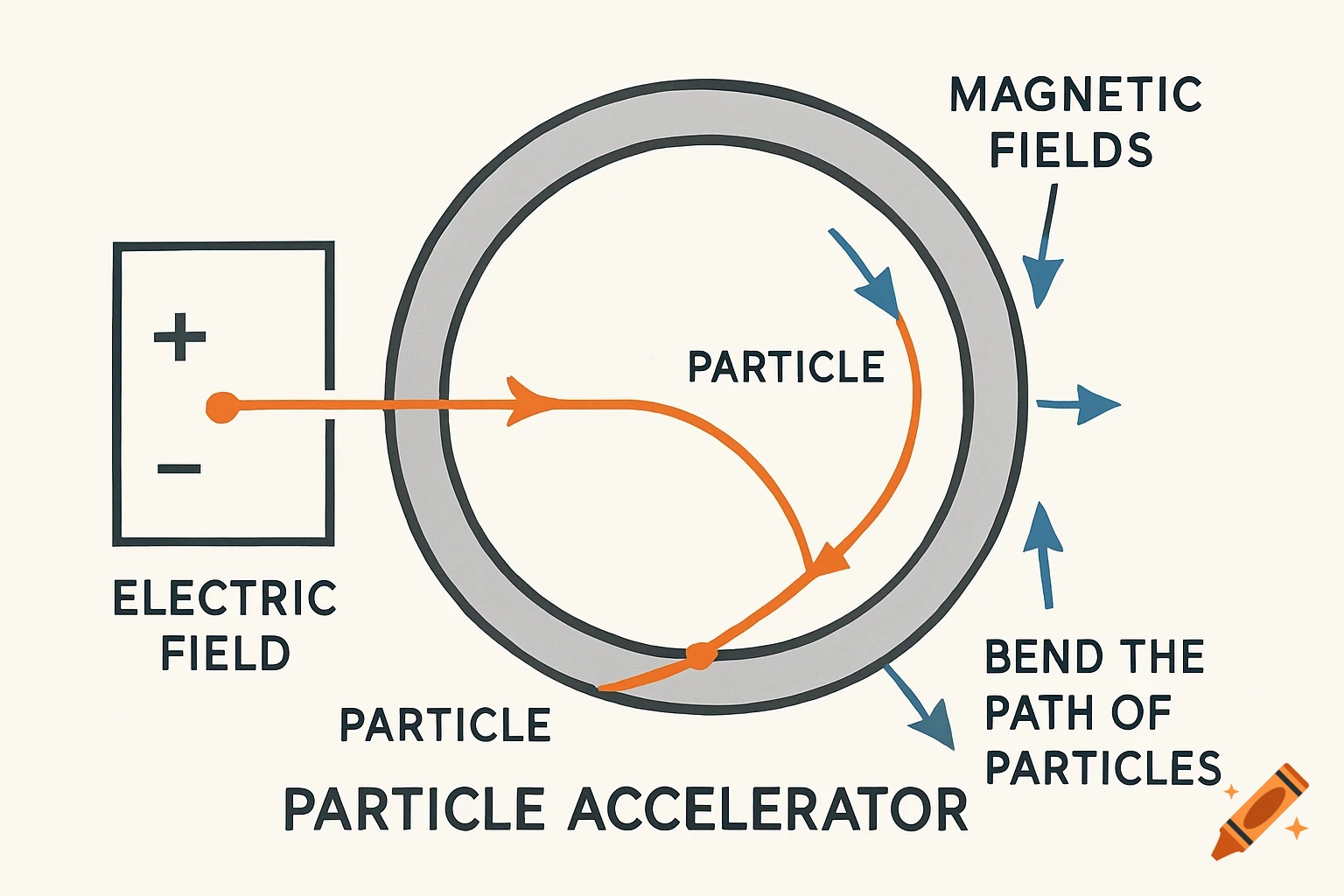 Diagram illustrating a particle accelerator, showing electric and magnetic fields accelerating and bending the path of a particle.