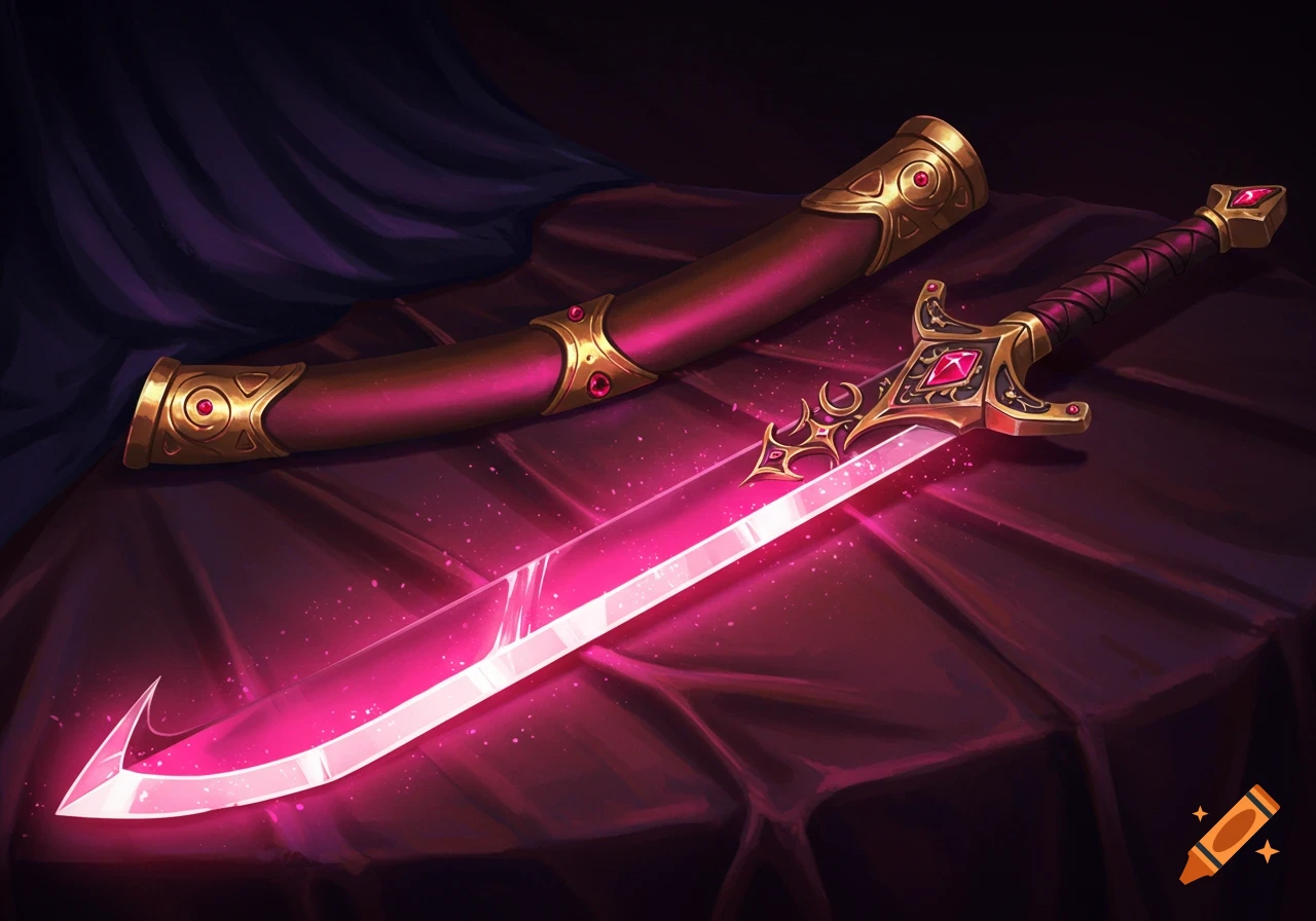 A glowing pink fantasy broadsword and scabbard on a cloth-covered surface.