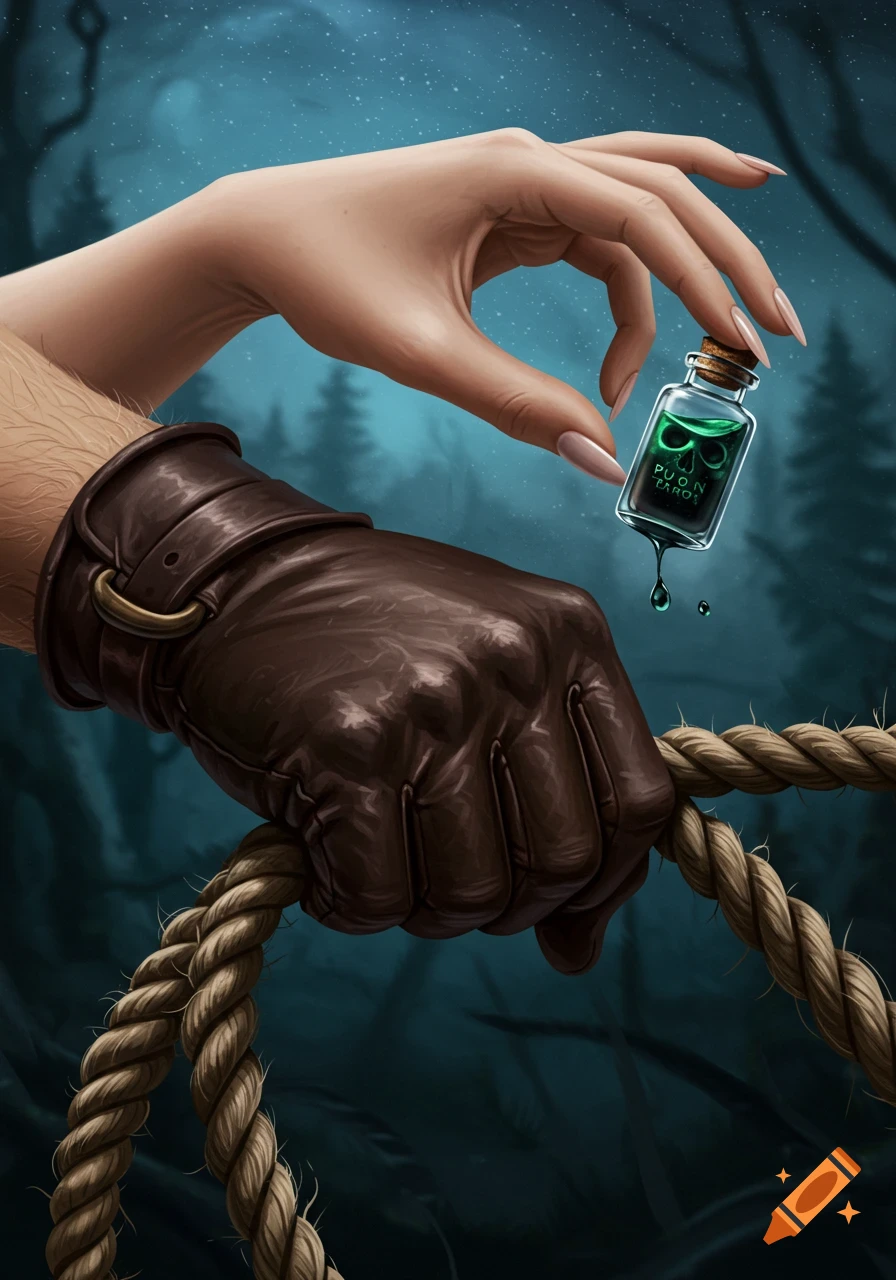 A gloved hand holds a rope while a bare hand clutches a bottle of green liquid adorned with a skull symbol and the label 'PUON TARO'.