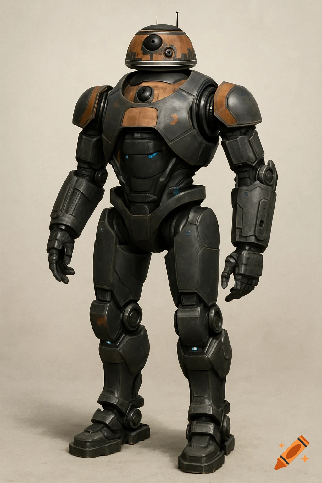 Full body concept art of a detailed dark grey and orange science fiction robot.