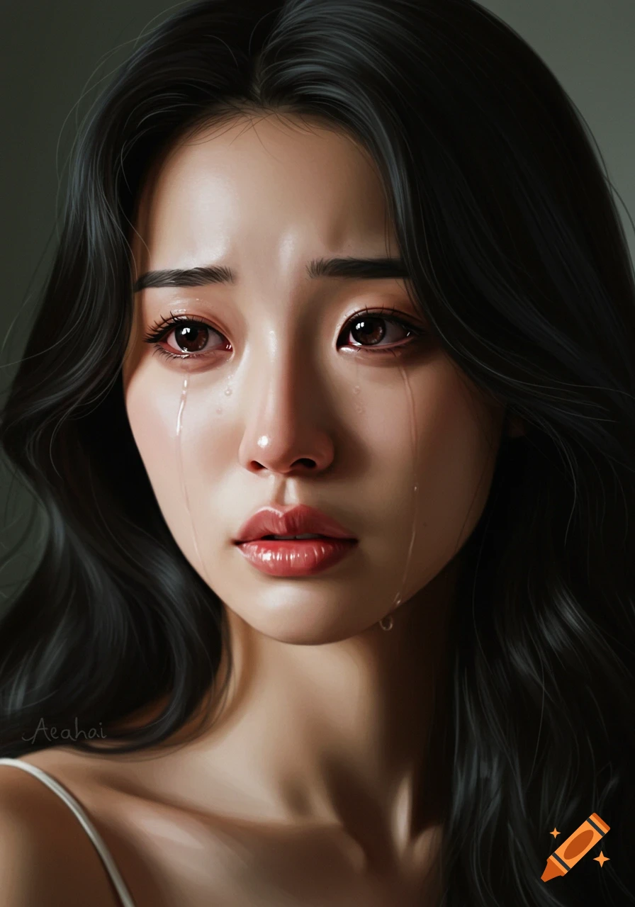 Close-up portrait of a beautiful woman with tears streaming down her face.