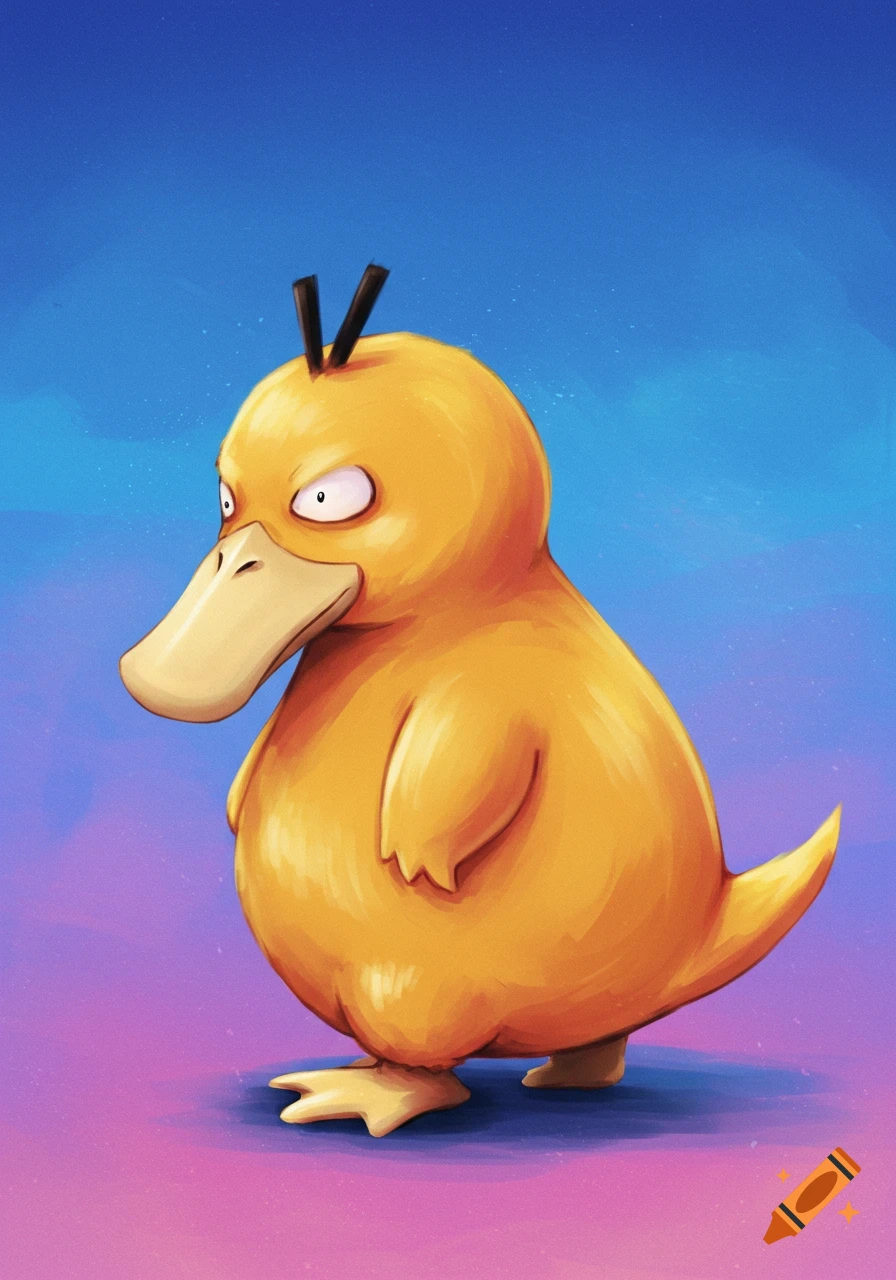 A Psyduck is standing against a colorful background.