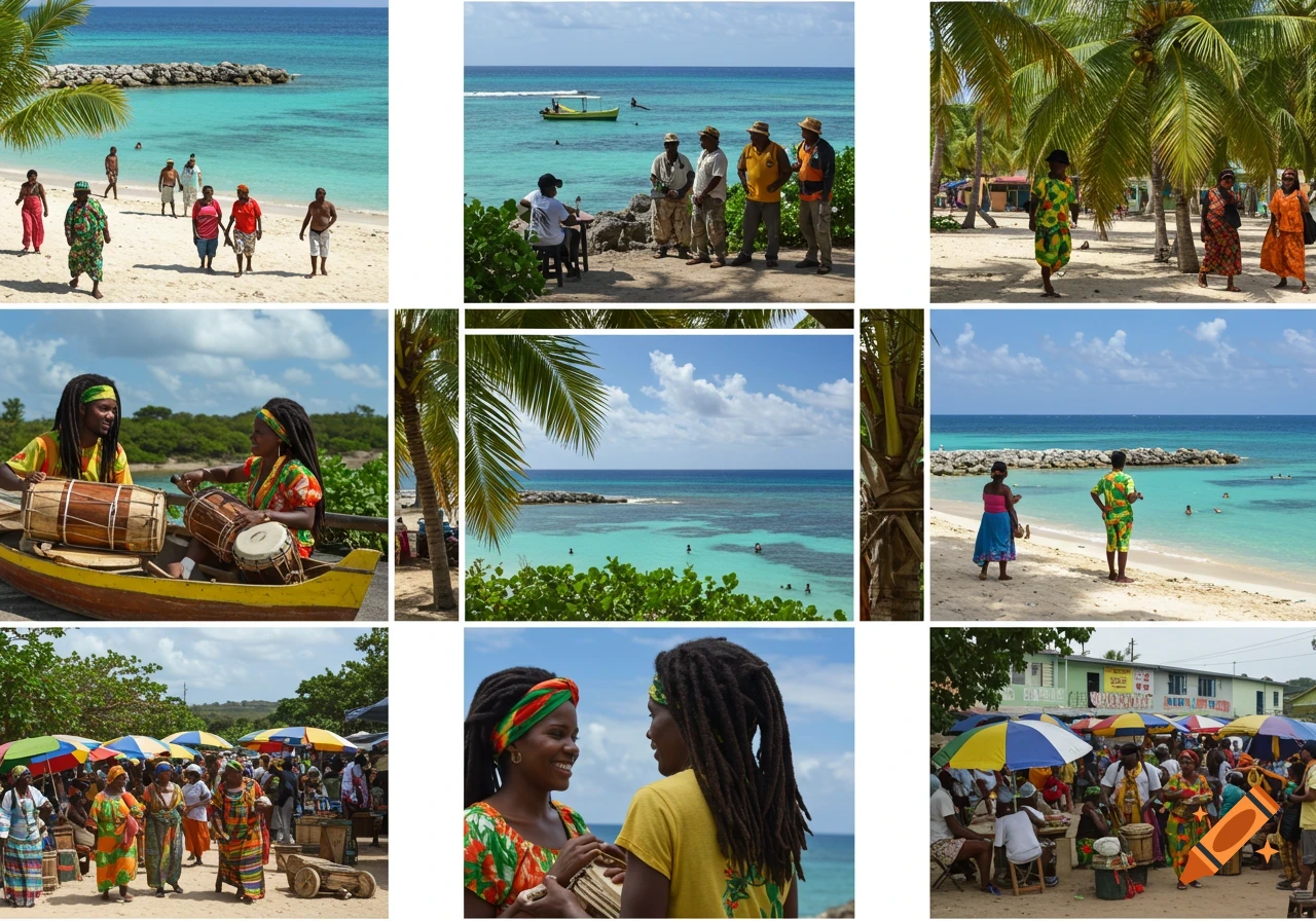 Collage of tropical scenes featuring beaches, people playing drums, and a market.
