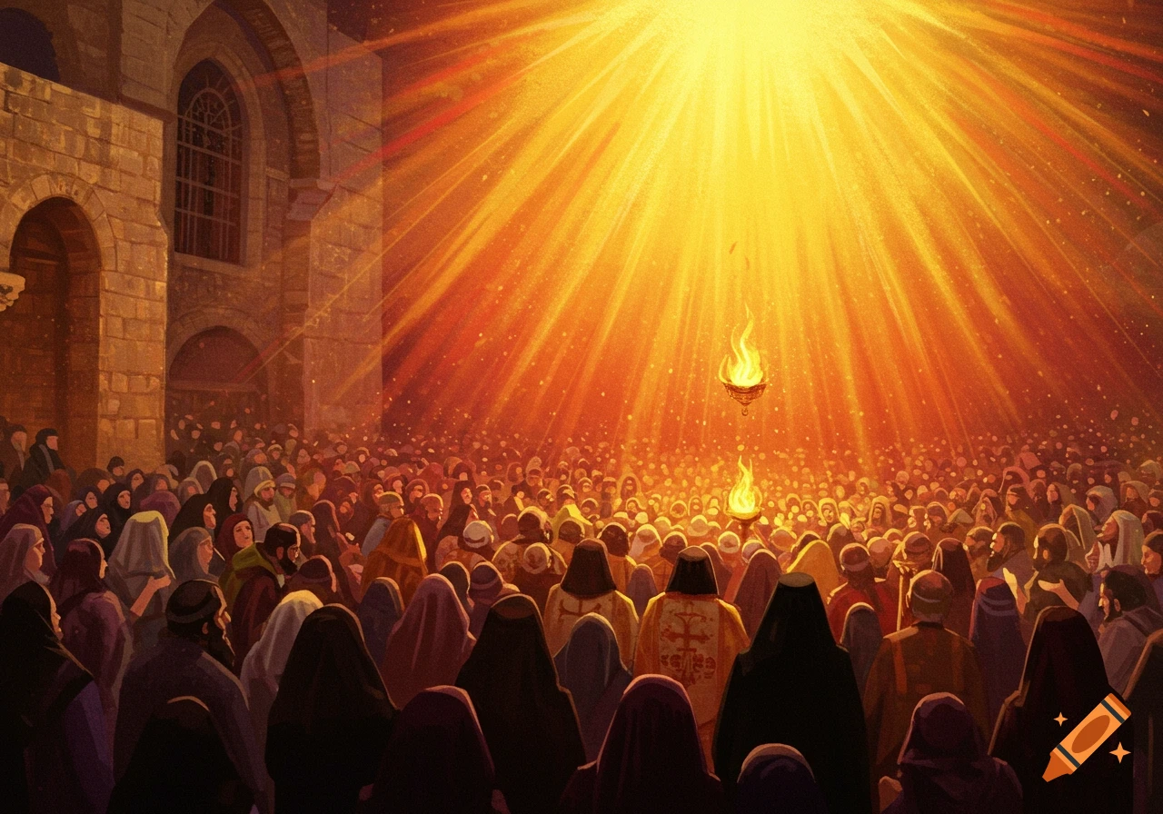 A large crowd gathered under intense golden light rays, with two burning censers.