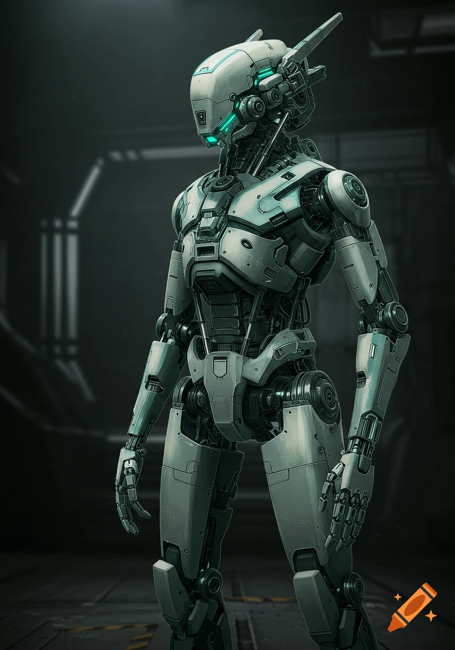 A full-body view of a sleek white and gray mechanical robot standing in a dark industrial setting.