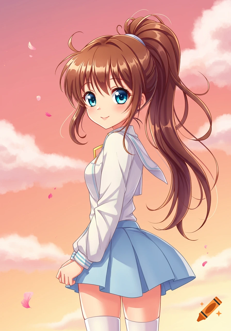 Anime girl with brown ponytail, blue eyes, white shirt, blue skirt against a sky background.