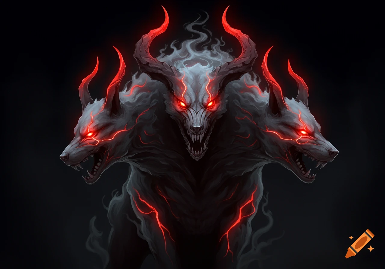 A three-headed dog with horns, red glowing eyes, and red lightning effects.