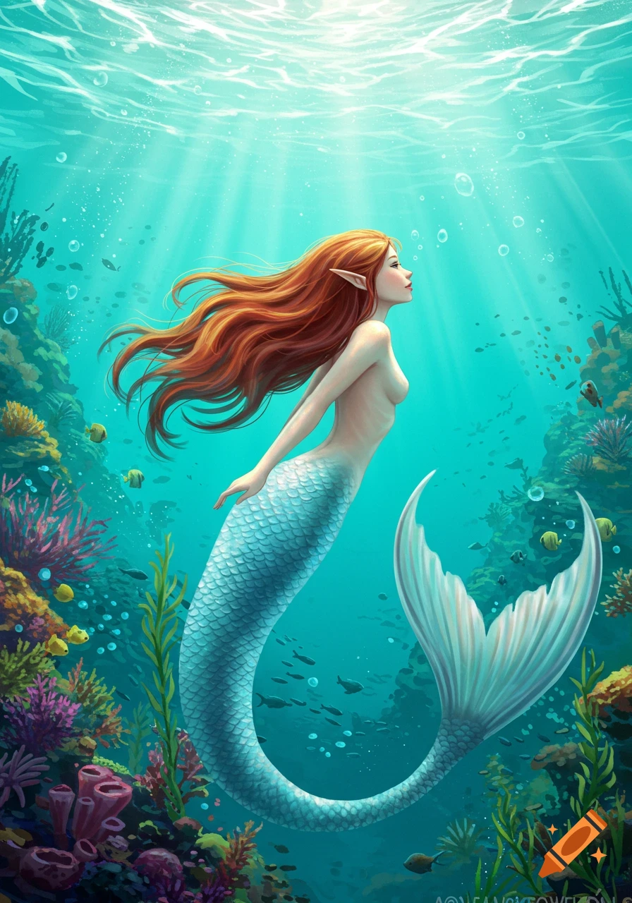 A mermaid swimming underwater amongst coral and fish.