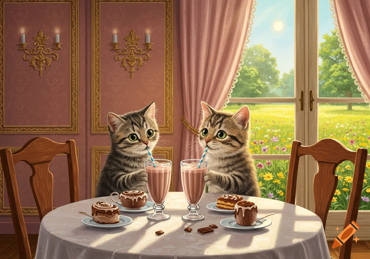 Two kittens drinking milkshakes at a table with desserts, by a window overlooking a meadow.