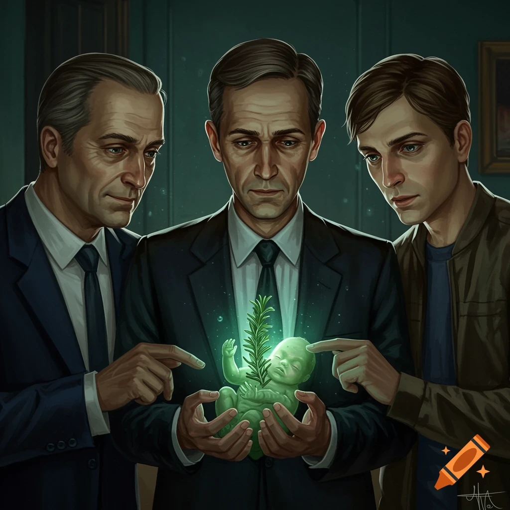 Three men in suits looking intently at a glowing green baby with a plant growing out of it.