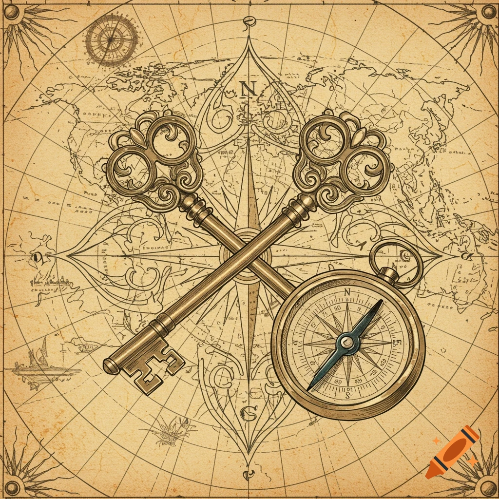 Tattoo line art of crossed ornate keys and a compass over a vintage world map.