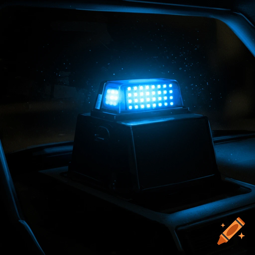 Close-up of a blue LED police light on a dark dashboard