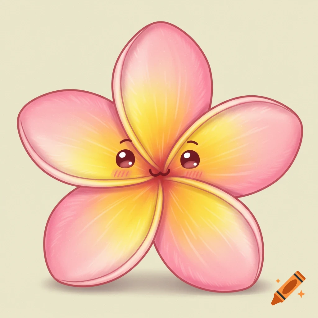 A cute cartoon plumeria flower with a face on a pastel background.