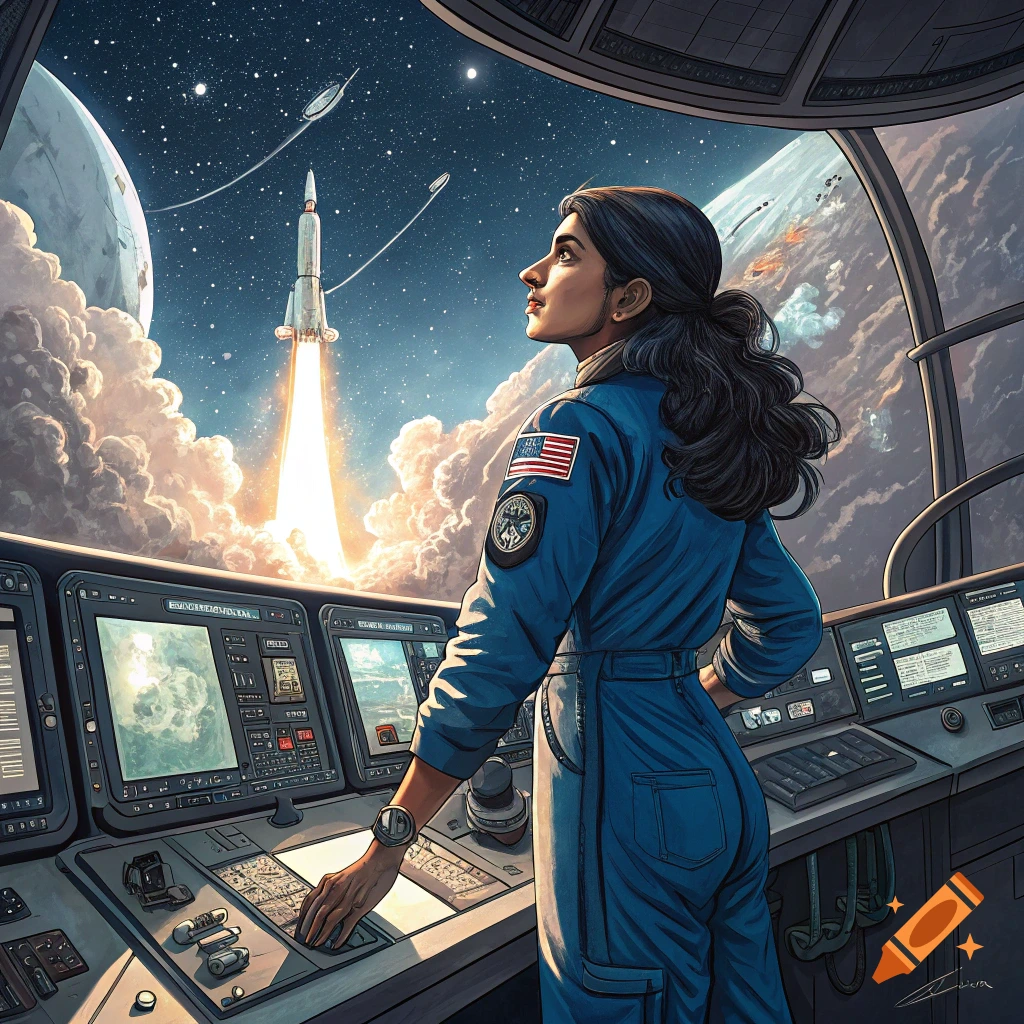 Astronaut in a spaceship cockpit looks out at a rocket launching from Earth's orbit.