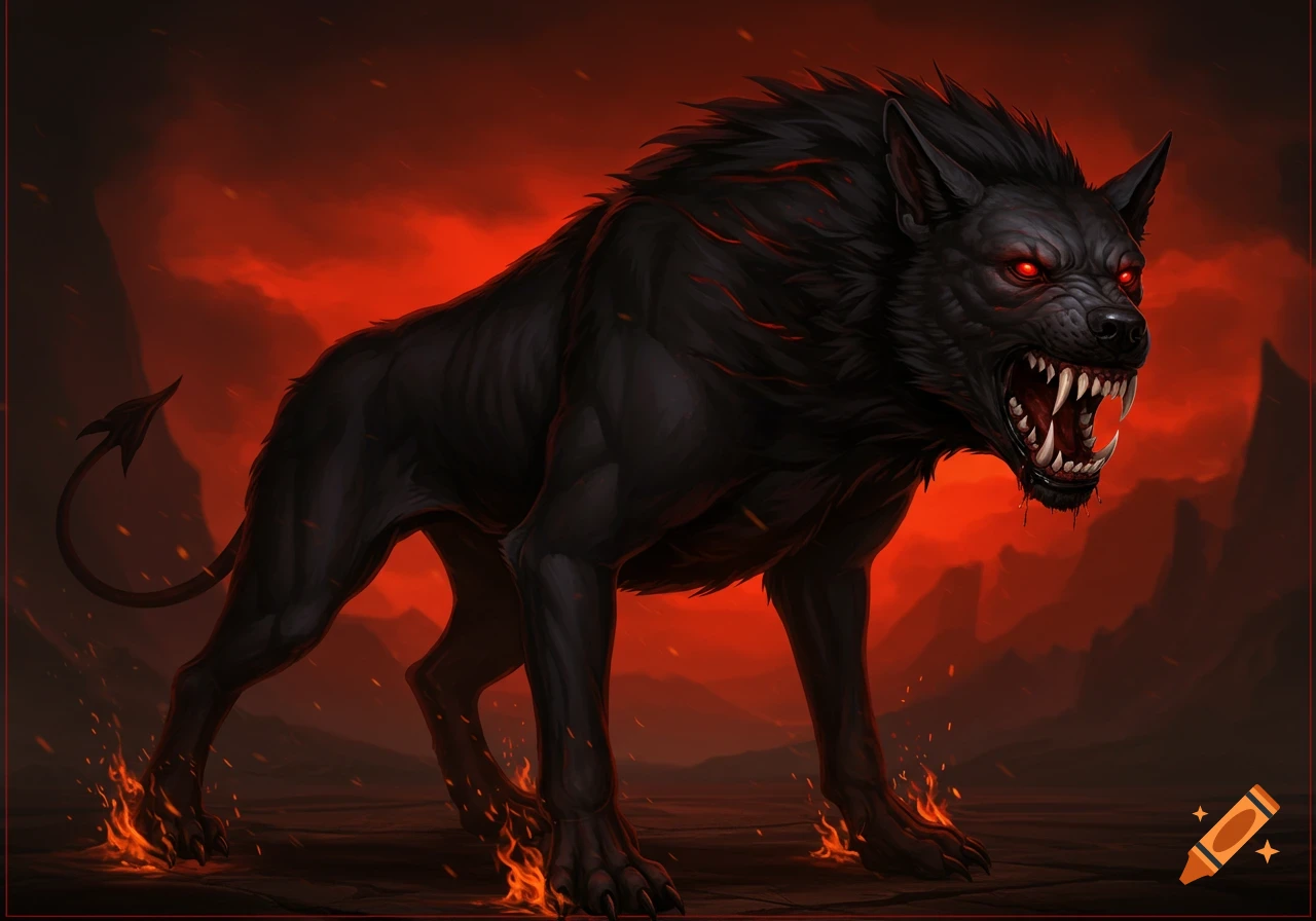 A black hell hound with red eyes stands in a fiery landscape.