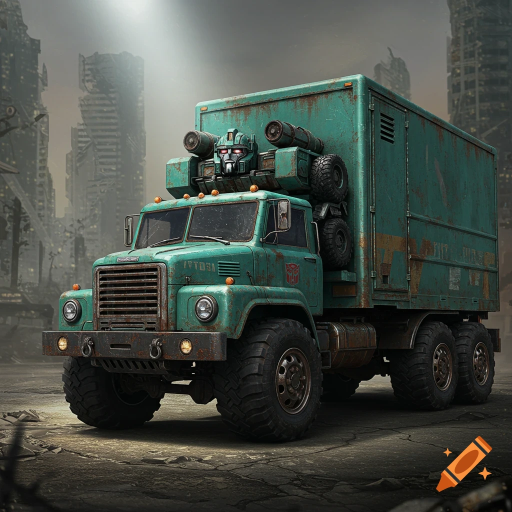 A rusting green robot truck (Autobot) stands in a ruined city.
