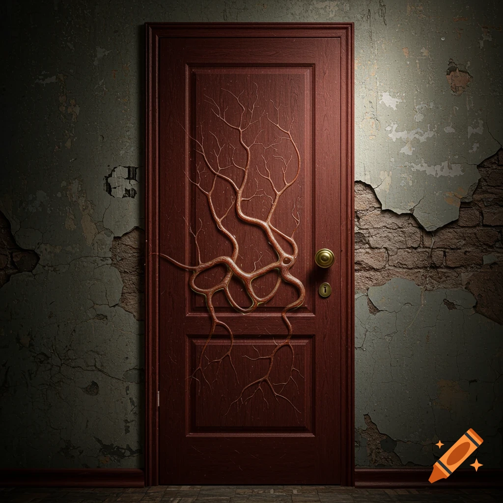 A wooden door covered in root-like growths in a crumbling, eerie room.